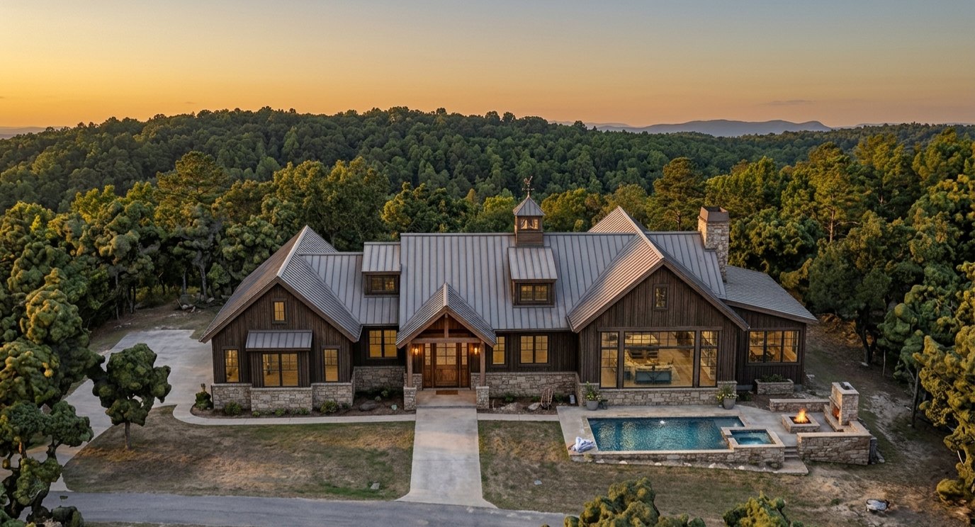 Aerial view of the completed Cupola House and pool near Bryan, Texas