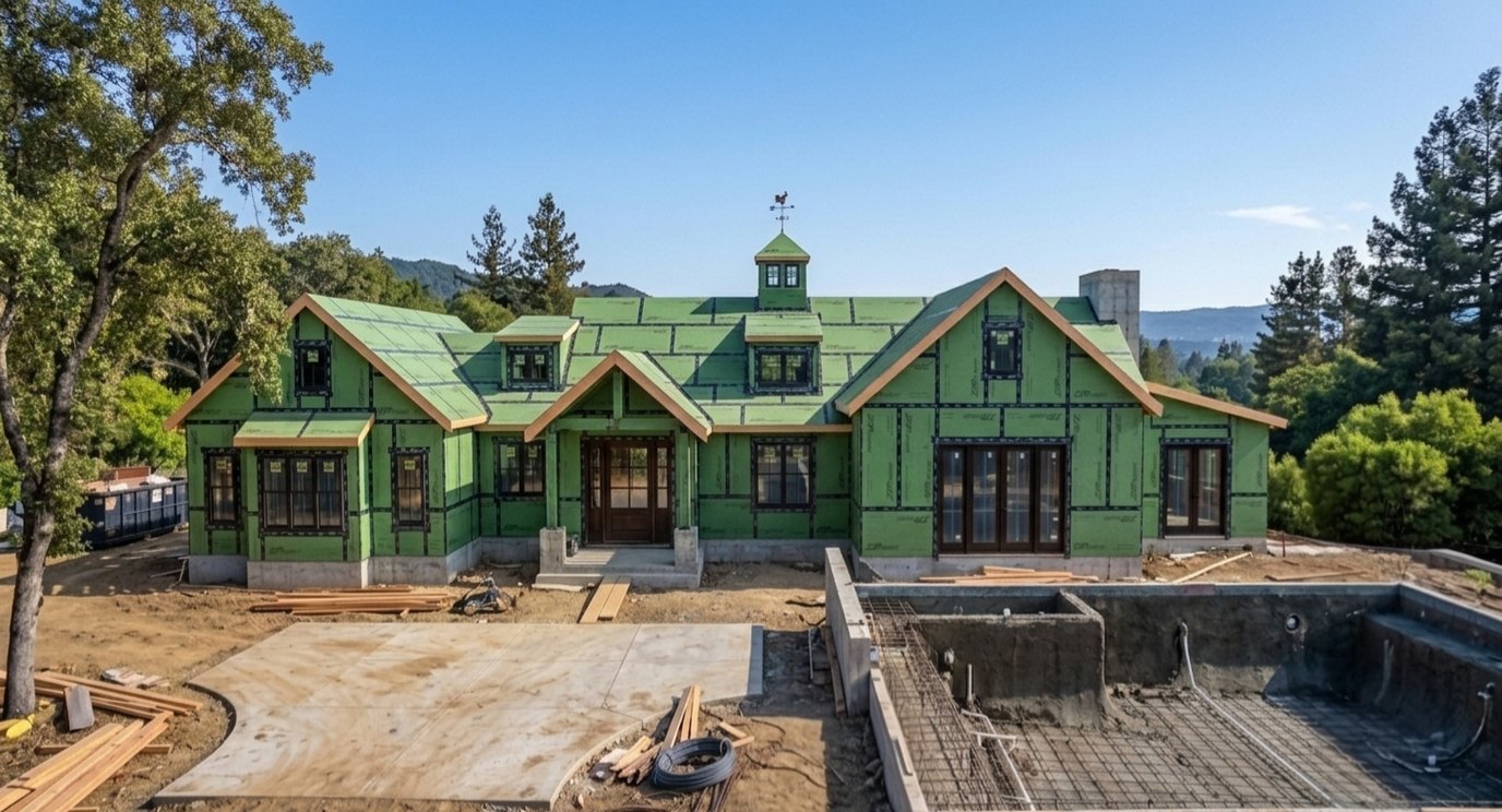 The Cupola House at dry-in with sheathing, roof deck, and windows installed